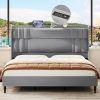 Beige Queen Bed Frame with Upholstered Headboard and Strong Support 4