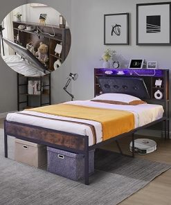 Queen Bed Frame with Storage Headboard and LED Charging Station