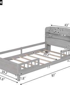 Bellemave Twin Solid Wood Bed Frame for Kids with LED Light Gray 2