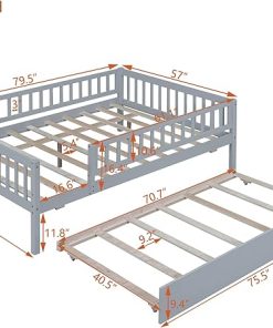 Wooden Full Size Daybed Frame with Trundle and Fence Guardrails 2