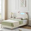 Upholstered Twin Bed Frame with Headboard and Wooden Slats, White