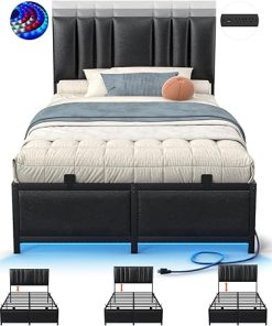 Twin Size Upholstered Bed Frame with Adjustable Headboard and LED Light