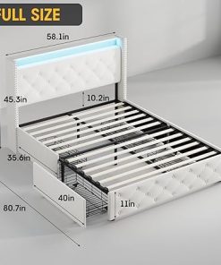 Vabches Full Size Bed Frame with LED Headboard & Drawers, Velvet Upholstered Platform Bed Frame with Led Light and Charging Station, Wingback Storage Metal Bed, Beige 2