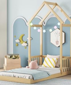 Twin Size House Shaped Floor Bed Frame with Headboard and Fences 2