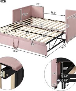 Twin Size Velvet Daybed with Trundle Bed Frame for Kids Room Pink 2