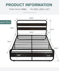 Queen Size Metal Bed Frame with Wooden Headboard and Under Bed Storage 2