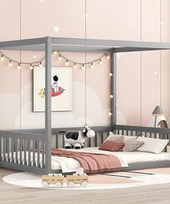 Montessori Canopy Floor Bed Frame for Kids with Guardrails in Grey Montessori Canopy Floor Bed Frame for Kids with Guardrails in Grey