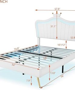 Modern LED Full Bed Frame for Kids with Crown Headboard White 2