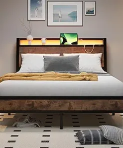 Full Size Bed Frame with Ergonomic Headboard and Charging Station 2