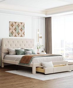 Queen Size Linen Upholstered Bed Frame with Storage Drawer