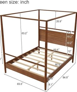 Walnut Queen Size Canopy Bed Frame with Headboard and 4 Posters 2