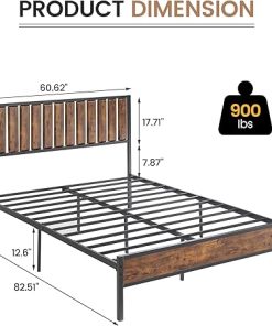 Industrial Queen Bed Frame with Tall Headboard and Strong Metal Support 2