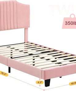 Twin Bed Frame Upholstered Platform with Headboard in Light Pink 2