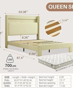 Queen Size Bed Frame with Upholstered Headboard and Storage, Beige 2