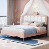 Full Size Pink Bed Frame with Bow-Knot Headboard Velvet Upholstered