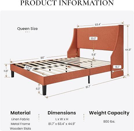 SHA CERLIN Queen Platform Bed Frame with Upholstered Wingback Headboard 2 SHA CERLIN Queen Platform Bed Frame with Upholstered Wingback Headboard - Image 2