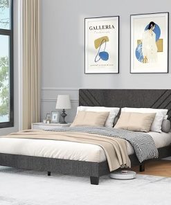 Modern Upholstered Queen Bed Frame in Dark Grey Charcoal Linen