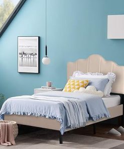 VECELO Twin Upholstered Bed Frame with Adjustable Headboard in Khaki 2