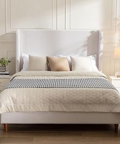 Queen Tall Upholstered Platform Bed Frame with Wingback Headboard