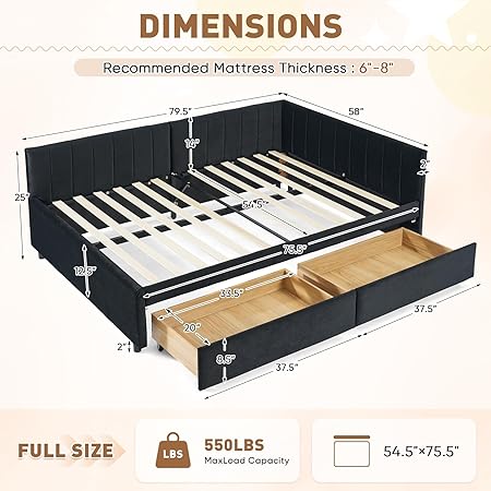 Full Daybed with Drawers Upholstered Corner Bed Frame for Adults 2 Full Daybed with Drawers Upholstered Corner Bed Frame for Adults - Image 2
