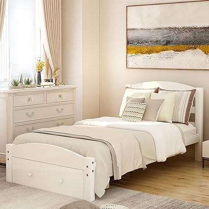 Merax Twin Bed Frame with Storage Drawer and Wood Slat Support White 2 Merax Twin Bed Frame with Storage Drawer and Wood Slat Support White - Image 2