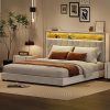 Velvet Upholstered Bed Frame with Storage Headboard and LED Lights