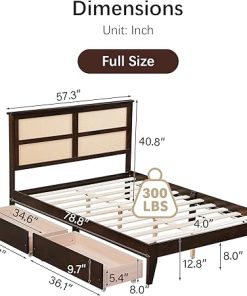 Boho Full Bed Frame with Rattan Headboard and 2 Storage Drawers 2