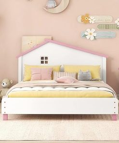 Harper Bright Designs Full Size Bed Frame with House Headboard Pink