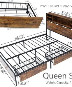 Queen Bed Frame with Bookcase Headboard and Charging Station  
Sturdy Queen Size Bed Frame with Headboard Easy Assembly Vintage Brown 2