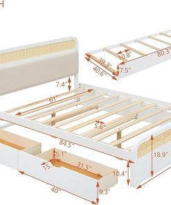 Queen Size Platform Bed Frame with Upholstered Headboard, Wood Rattan Bed Frame with Two Drawers and Pull Out Trundle for Bedroom Guest Room, Easy Assembly (White) 2