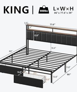 King Bed Frame with 2 Storage Drawers and Charging LED Headboard 2