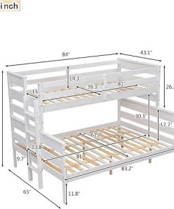 Twin Over Queen Bunk Bed Frame for Adults and Kids in White Wood 2