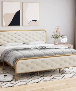 Upholstered King Size Velvet Bed Frame with Curved Headboard Gold Beige
