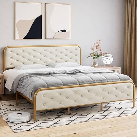 Upholstered King Size Velvet Bed Frame with Curved Headboard Gold Beige Upholstered King Size Velvet Bed Frame with Curved Headboard Gold Beige