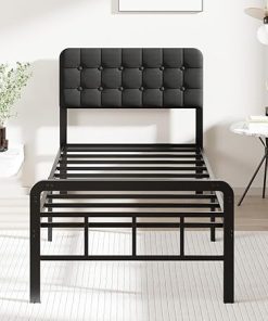 Twin Bed Frame with Upholstered Headboard Metal Footboard Easy Assembly