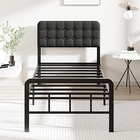 Twin Bed Frame with Upholstered Headboard Metal Footboard Easy Assembly Twin Bed Frame with Upholstered Headboard Metal Footboard Easy Assembly