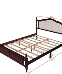 Queen Size Upholstered Bed Frame with Pine Wood Support Classic Cherry 2
