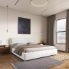 Capri Queen White Metal Bed Frame with Beige Upholstered Foundation 4