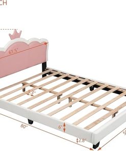 Pink White Upholstered Full Size Bed Frame with Headboard and Slats 2