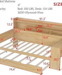 Merax Twin Size Corner Bed Frames with Desk and Trundle & Storage Shelves Headboard, Pinewood U-Shaped Captain Daybed for Small Room, Bedroom, Guest Room, Kids’ Room, Natural 2