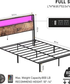 Full Size Bed Frame with Storage Headboard and LED Lights Vintage Brown 2