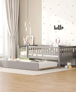 Wooden Twin Daybed Frame with Trundle and Guardrails for Kids Adults