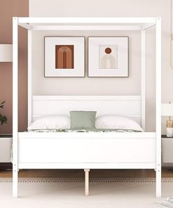Queen Size Canopy Bed Frame Wooden Platform Bed with Headboard White 2