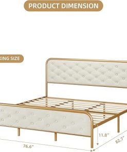 Upholstered King Size Velvet Bed Frame with Curved Headboard Gold Beige 2
