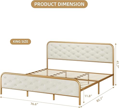 Upholstered King Size Velvet Bed Frame with Curved Headboard Gold Beige 2 Upholstered King Size Velvet Bed Frame with Curved Headboard Gold Beige - Image 2