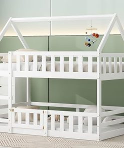 Twin Over Twin House Shaped Bunk Bed with Safety Fence and Ladder 2