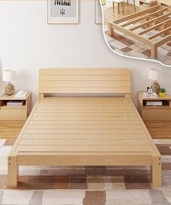 Scandinavian Natural Wood Bed Frame with Rectangular Headboard