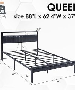 Queen Size LED Platform Bed Frame with Charging Station and Storage 2