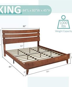 Mid-Century King Size Solid Wood Bed Frame with Headboard and Slats 2