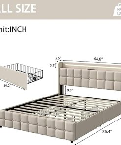 Queen Bed Frame with Upholstered Headboard and Storage Drawers 2